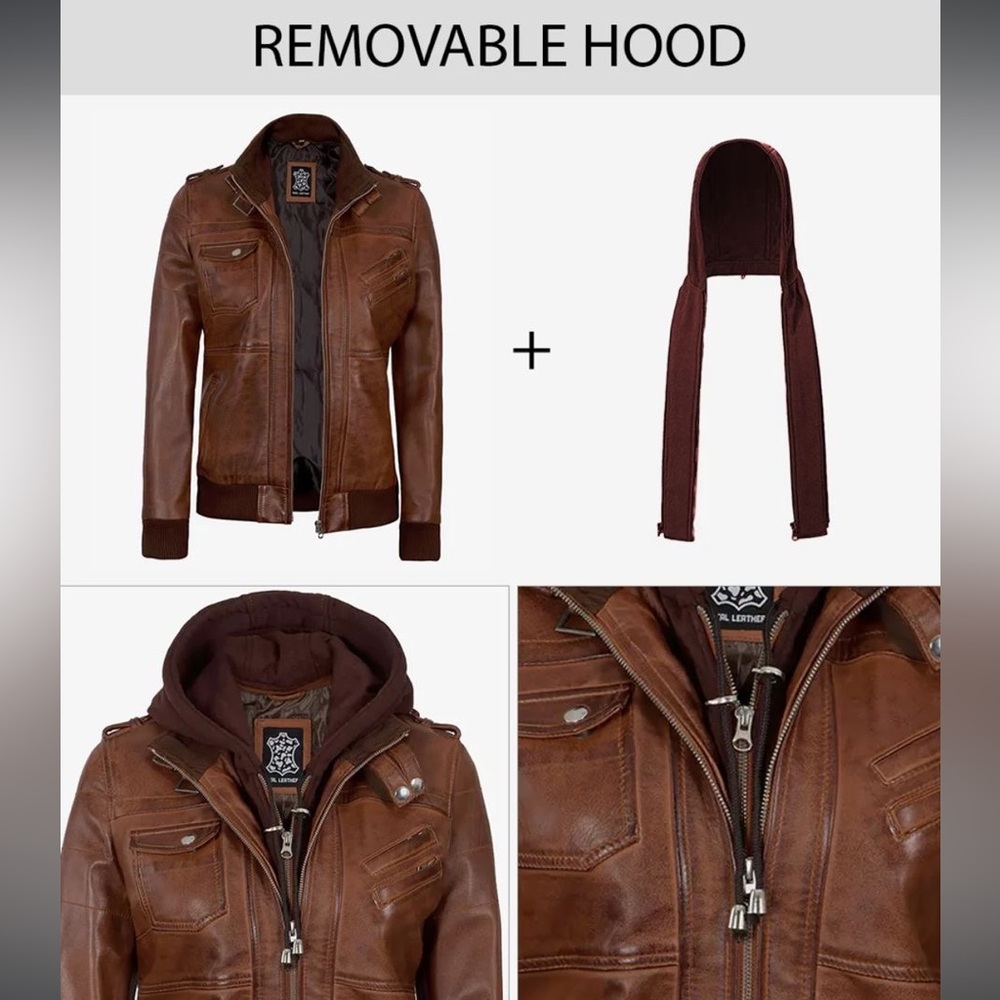 Women’s Brown Lambskin Leather Hooded Bomber Jacket - Picture 5 of 11
